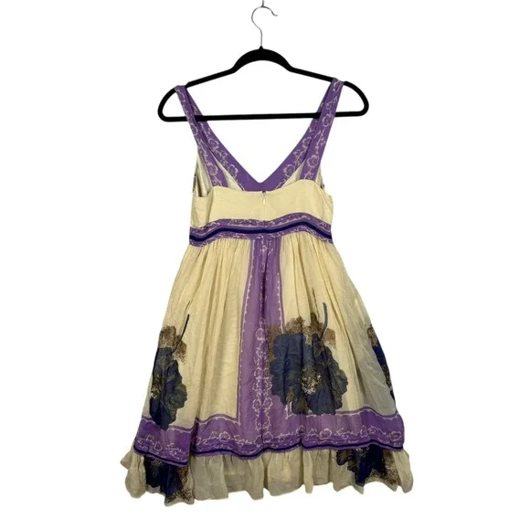 Anthropologie x Lil 100% Silk, Ivory and Purple Floral Dress, Size‎ 2-4 - Picture 8 of 13
